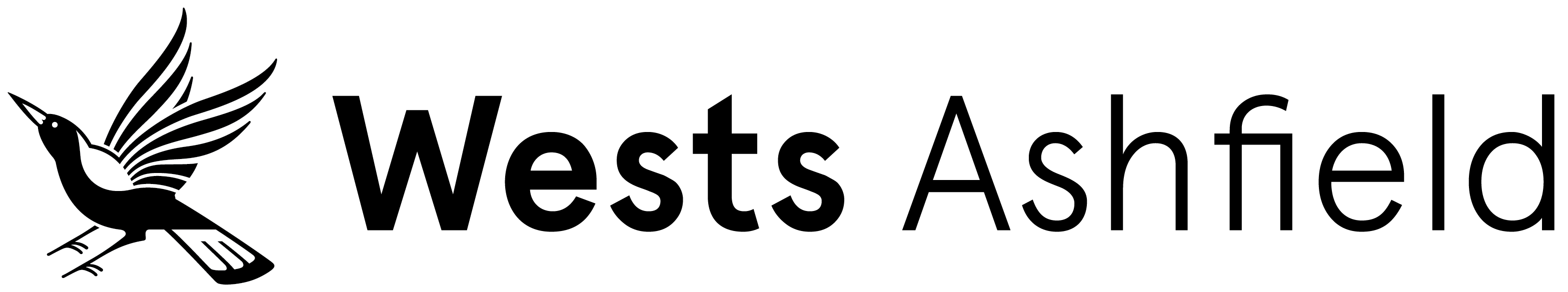 Logo of black text reading "Wests Ashfield" plus graphic magpie image