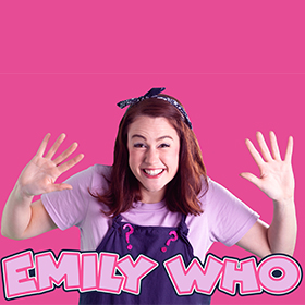 A girl in overalls against a pink background