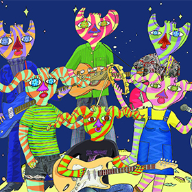A cartoon drawing of cats playing in a band