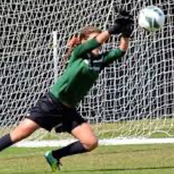 Goalie jumping to stop ball from entering the net