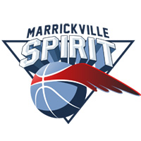 A logo for Marrickville Spirit basketball club, featuring a blue basketball with flared red wings.
