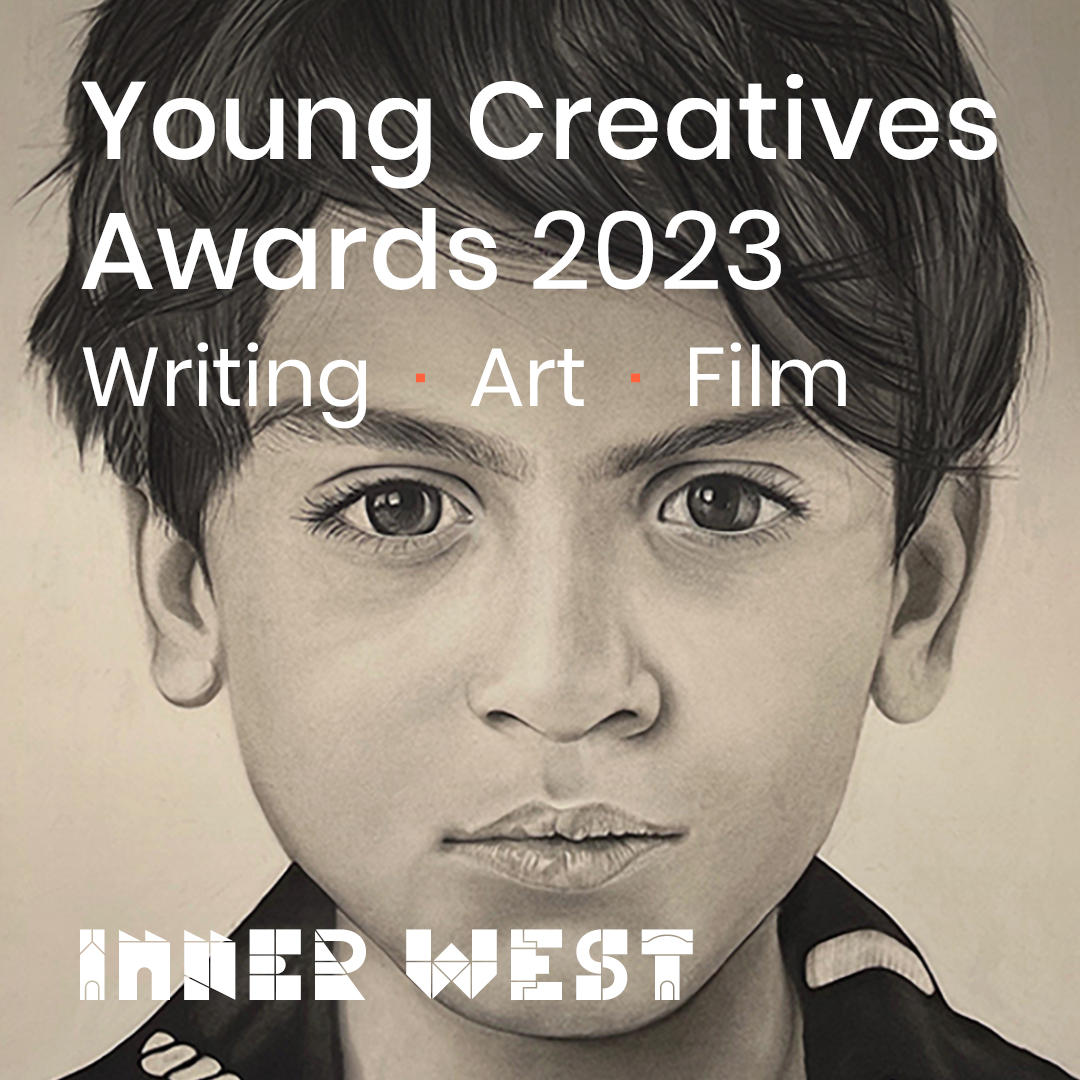 Artwork of a boy's face.  Text reads: Young Creatives Awards 2023. Writing. Art. Film. Inner West.