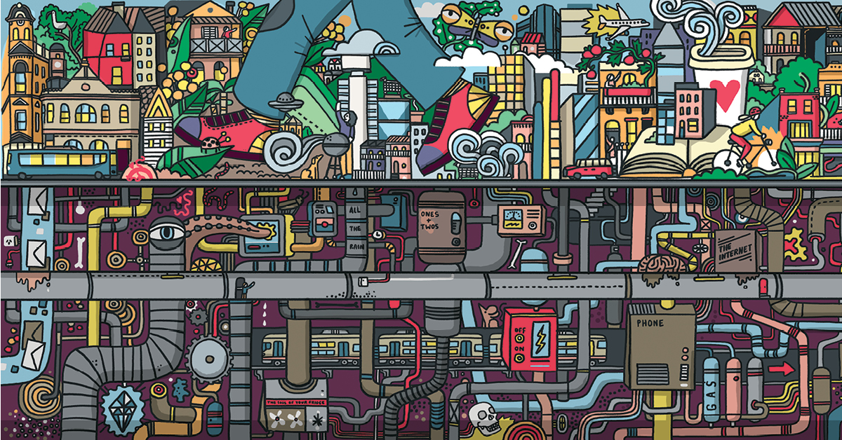 Inner Workings illustration (detail) by James Gulliver Hancock a cityscape showing above ground and under ground workings, pipes, electrics, roots, tunnels, above ground road, houses, trees, cars, bike riders and inner city chaos