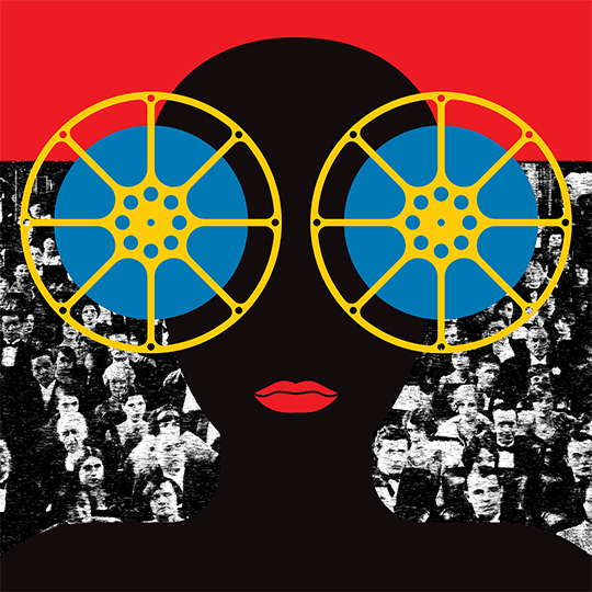 Graphic image of a silhouetted head and shoulders with large yellow and blue camera rolls for eyes in front of a black an white image of a large crowd and a red banner at the top