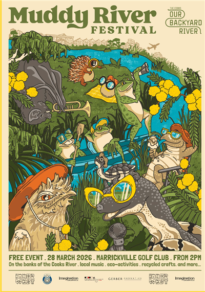Promotional poster for Muddy River Festival, featuring anthropomorphised frogs and other native animals 