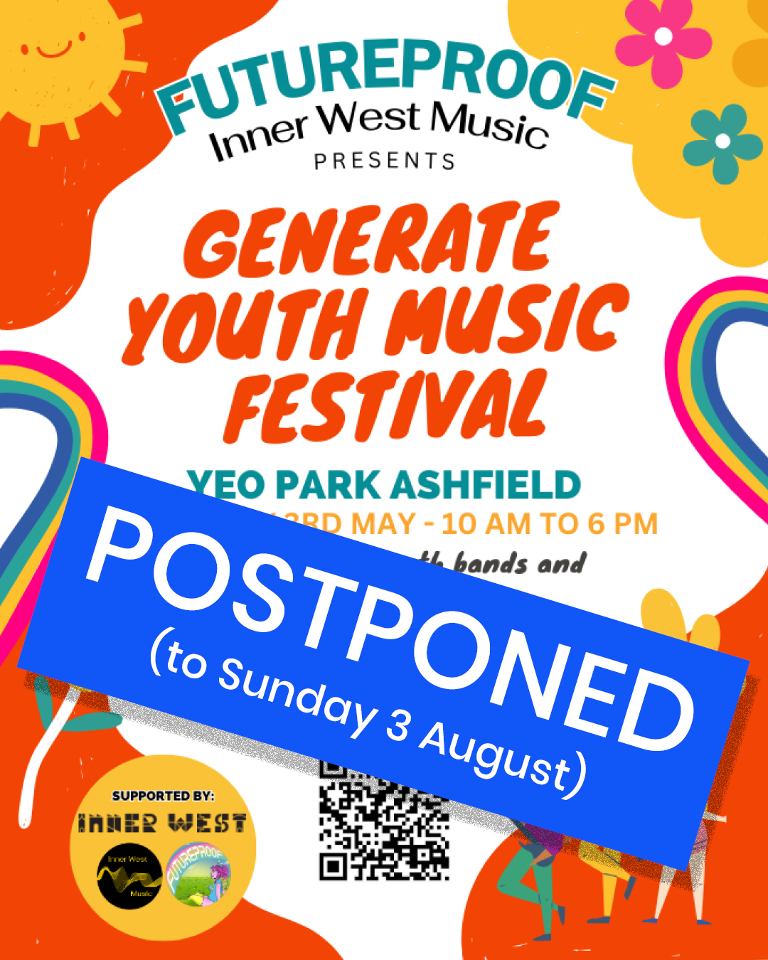 Graphic poster with Generate Youth Music Festival written in orange with a banner announcing the event is postponed until Sun 3 Aug