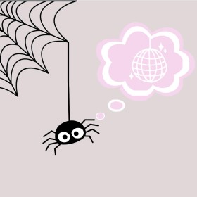 A graphic image of a spider hanging from a spider web with a pink thought bottle with a white globe inside