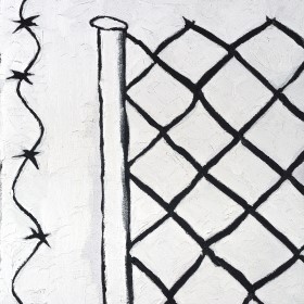 A drawn image of a wire fence and barbed wire silhouetted on a white background