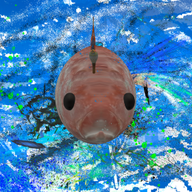 A digitally created image of a salmon coloured fish with large eyes and an open mouth facing the camera sitting in crystal blue water