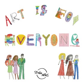 A collage image of colourfully drawn people with drawn text Art is for Everyone and the logo for Studio ARTES