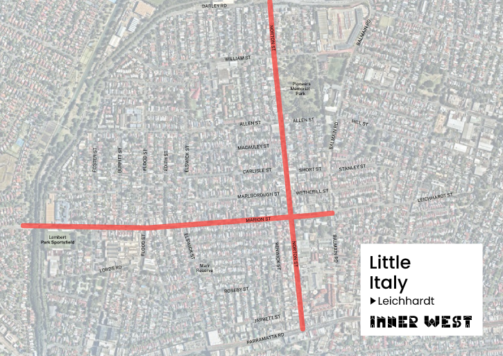 Ariel map showing street location of Little Italy