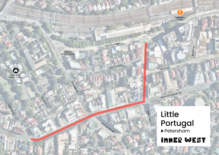A map showing the location of Little Portugal on Audley Street and New Canterbury Road between Audley and Hunter Streets