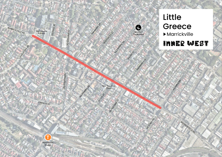 Ariel map showing street location of Little Greece
