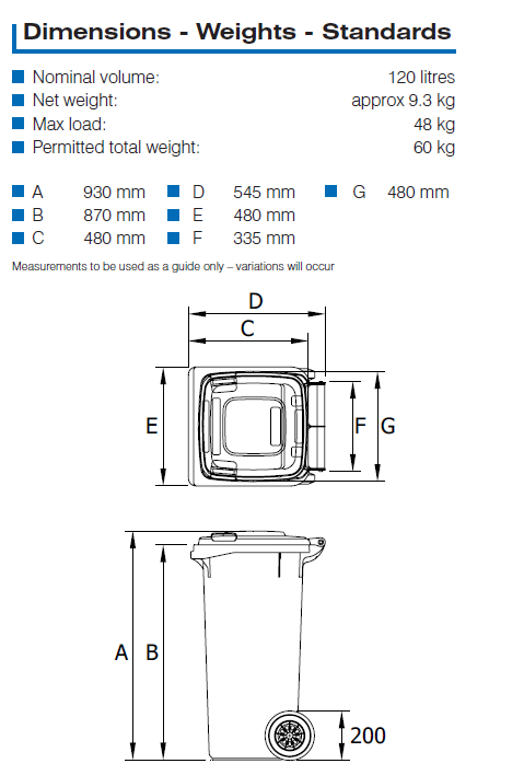 image shows dimensions of a 120L bin with wheels