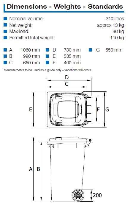 image shows dimensions of a 240L bin with wheels