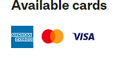 Text reads "Available cards" with American Express and Visa logos