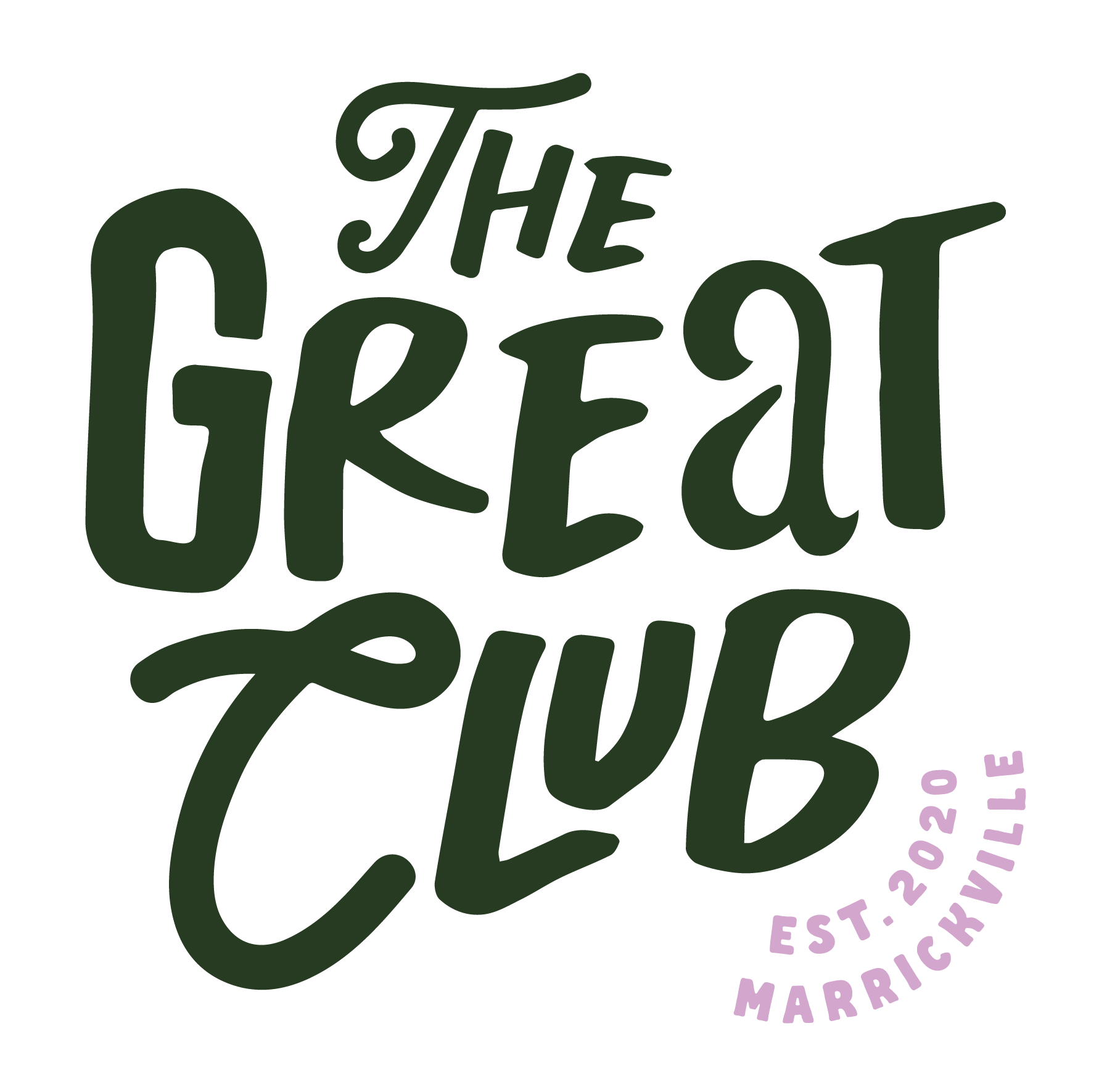 Graphic logo with text The Great Club Est. 2020 Marrickville in green and pink playful font