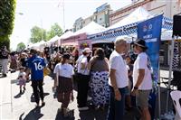 A busy and colourful Marrickville streetscape with a line of temporary stalls extending into the distance with many people engaging with the offerings