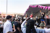 A shot taken from the crowd, looking up at three performers with their hands raised, a photographer and a DJ playing to a large crowd