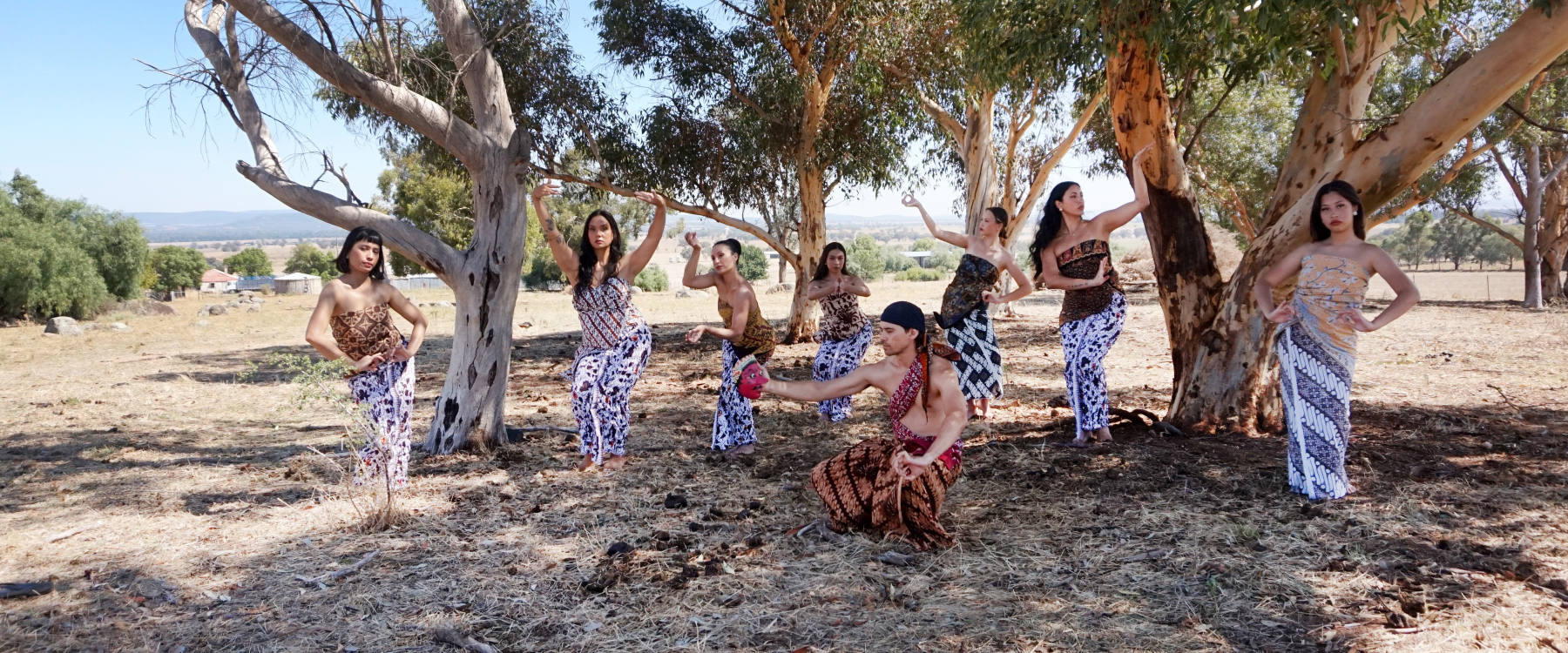 A group of eight performers stand in a natural Australian landscape, surrounded by eucalypt trees. The performers wear various styles of Indonesian costume and are posing in a variety of ways using their hands, arms and feet to create unique shapes