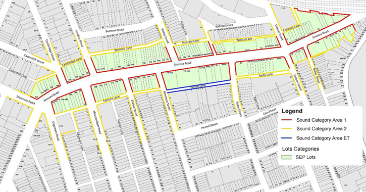 Map of the Enmore Special Entertainment Precinct showing colour-coded sound category areas