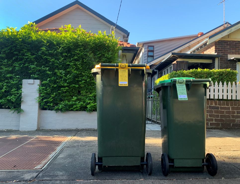 Tagged yellow and green bins sitting on the kerb outside a house