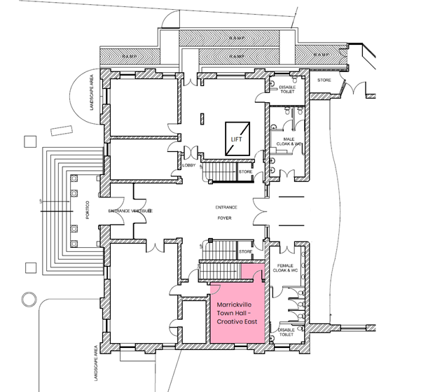Floor plan with a section highlighted with pink shading in the bottom right-hand corner labelled Marrickville Town Hall- Creative East