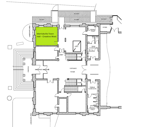 Black and white floor plan with top left section shaded in green labelled Marrickville Town Hall - Creative West