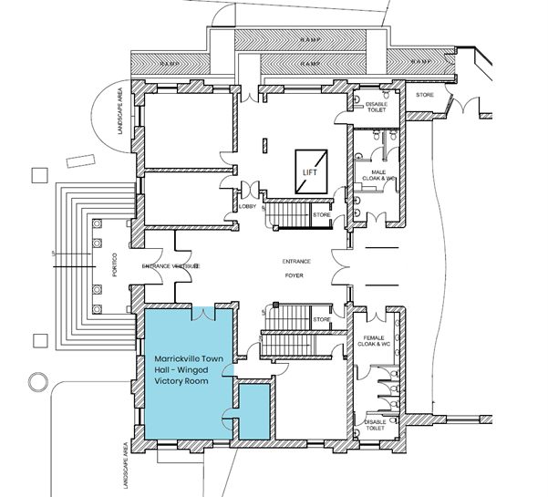 Black and white floor plan with bottom left section shaded in blue labelled Marrickville Town Hall - Winged Victory Room