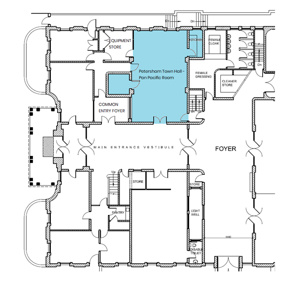 Floor plan with a section highlighted with light blue shading in the top middle section labelled Petersham Town Hall- Pan Pacific Room