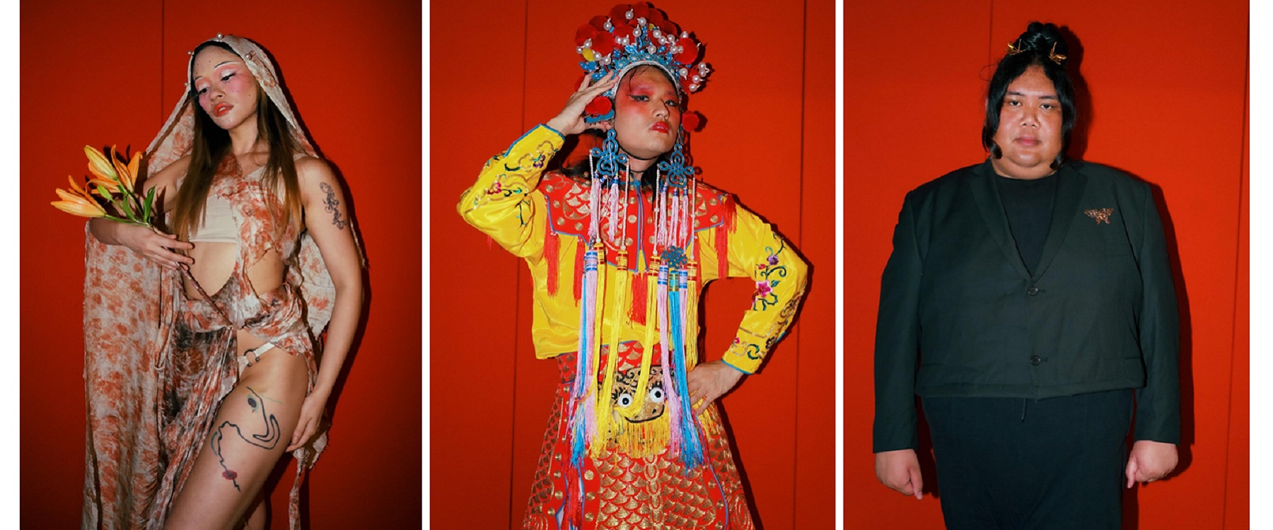 Collage of photos, three people in separate photos wear cultural inspired clothing they stand in front of a red silky back drop