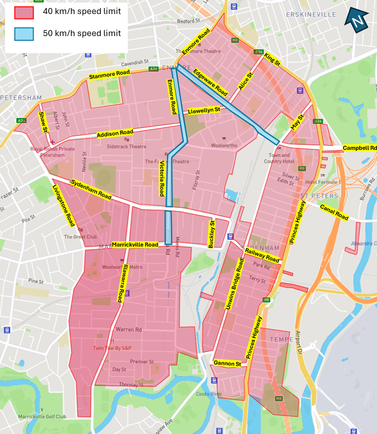 A map indicating which areas of the suburbs mentioned in the main page text are 40 kilometres per hour zones.