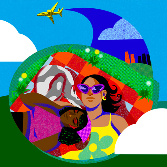 An abstract illustration of people enjoying a daytime picnic on a green hill beneath clouds and an jet plane.