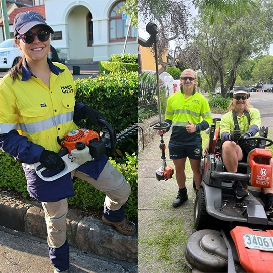 Council streetscape maintenance staff out in the field with equipment including a hedge trimmer, whipper-snipper and a mower.