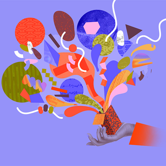 A collage of various celebratory shapes emerging from a hand.