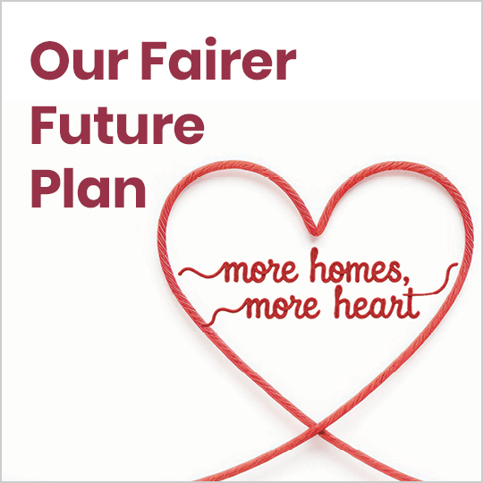 A thin red string or ribbon which forms the shape of a heart at one point. Inside the heart is the text 'More Homes, More Heart'