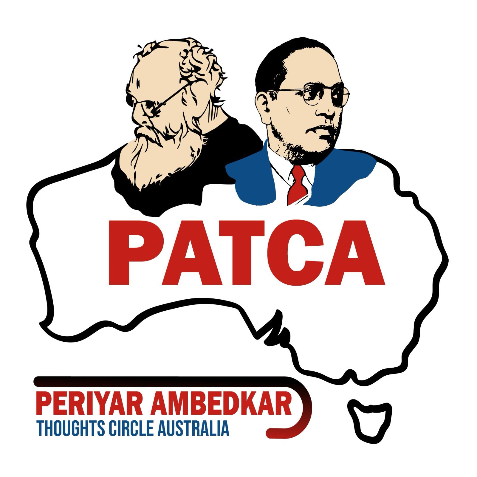 Logo for the Periyar Ambedkar Thoughts Circle of Australia (PATCA). Illustrations of two people merge into the top end of a map of Australia.