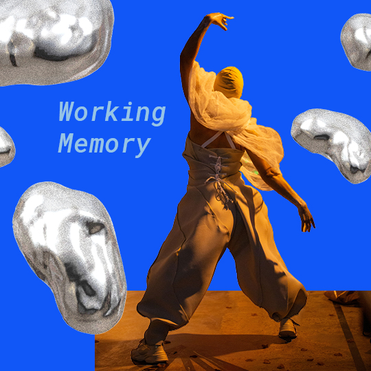 An abstract artwork: A person in flowing yellow closthing making a dramatic pose, surrounded by a vibrant dark blue and metallic grey floating blobs. Superimposed over the image is the text 'Working Memory'.