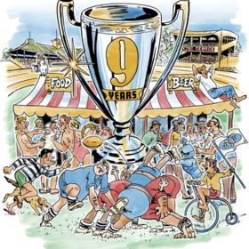 cartoon of men holding up large trophy 