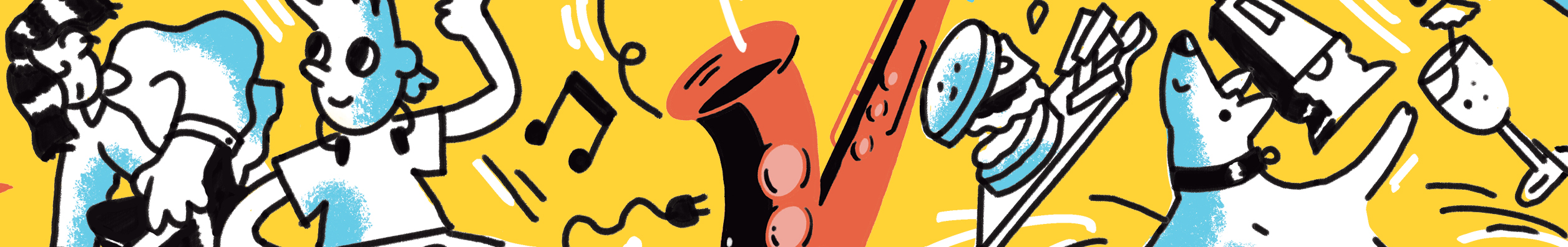 A fun yellow, blue and orange illustration of people dancing to a saxophone and eating