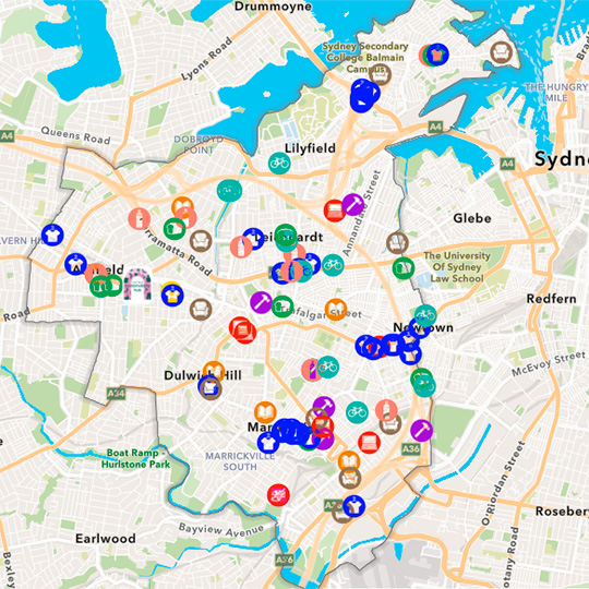 A digital map of Sydney's Inner West with various types of pinned locations across it.
