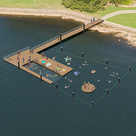 A computer render of a public bath on the edge of a waterway.
