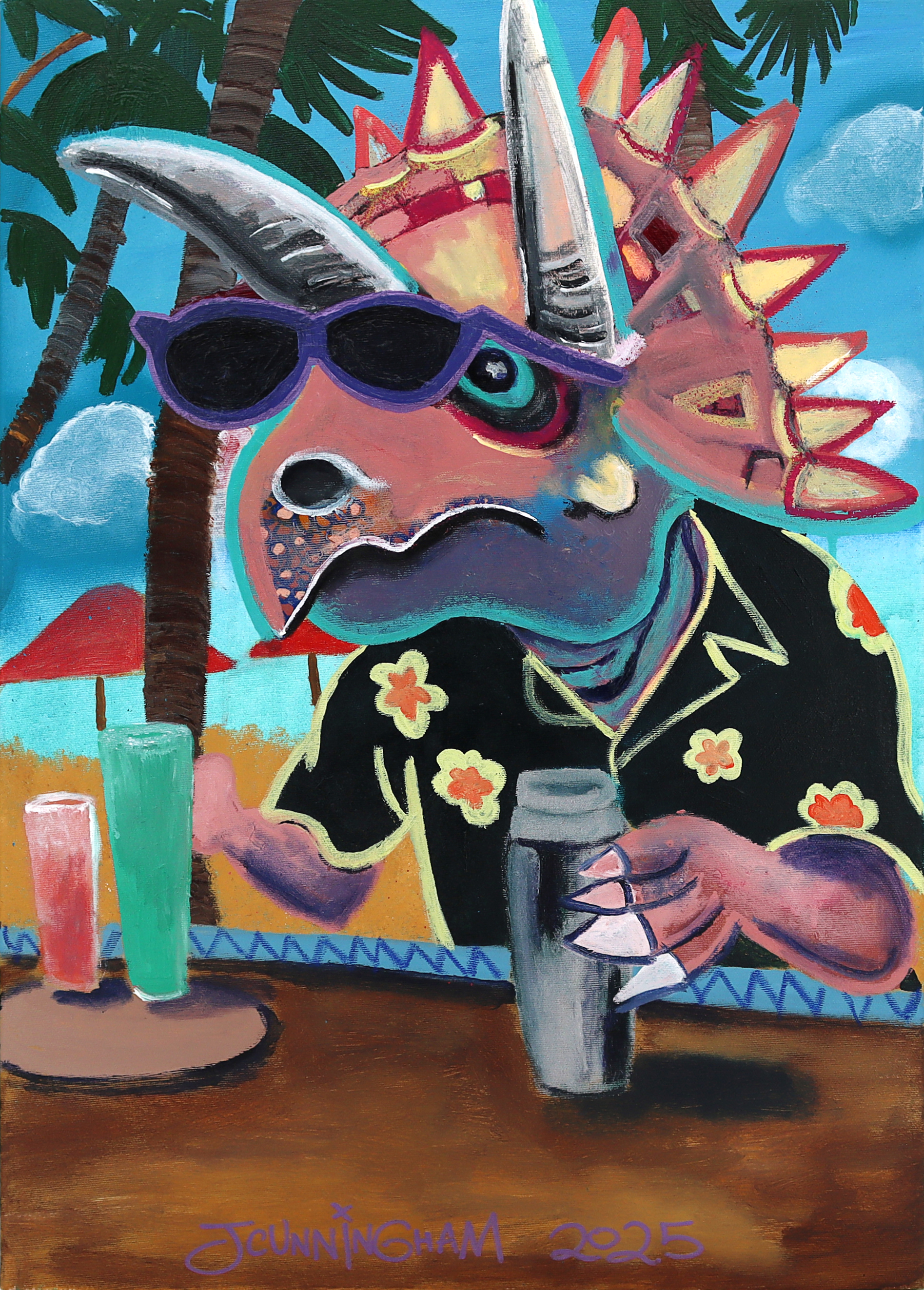 Painting of a dinosaur sitting at a bar with drinks at a beach. Colours are blue, pink, teal and yellow
