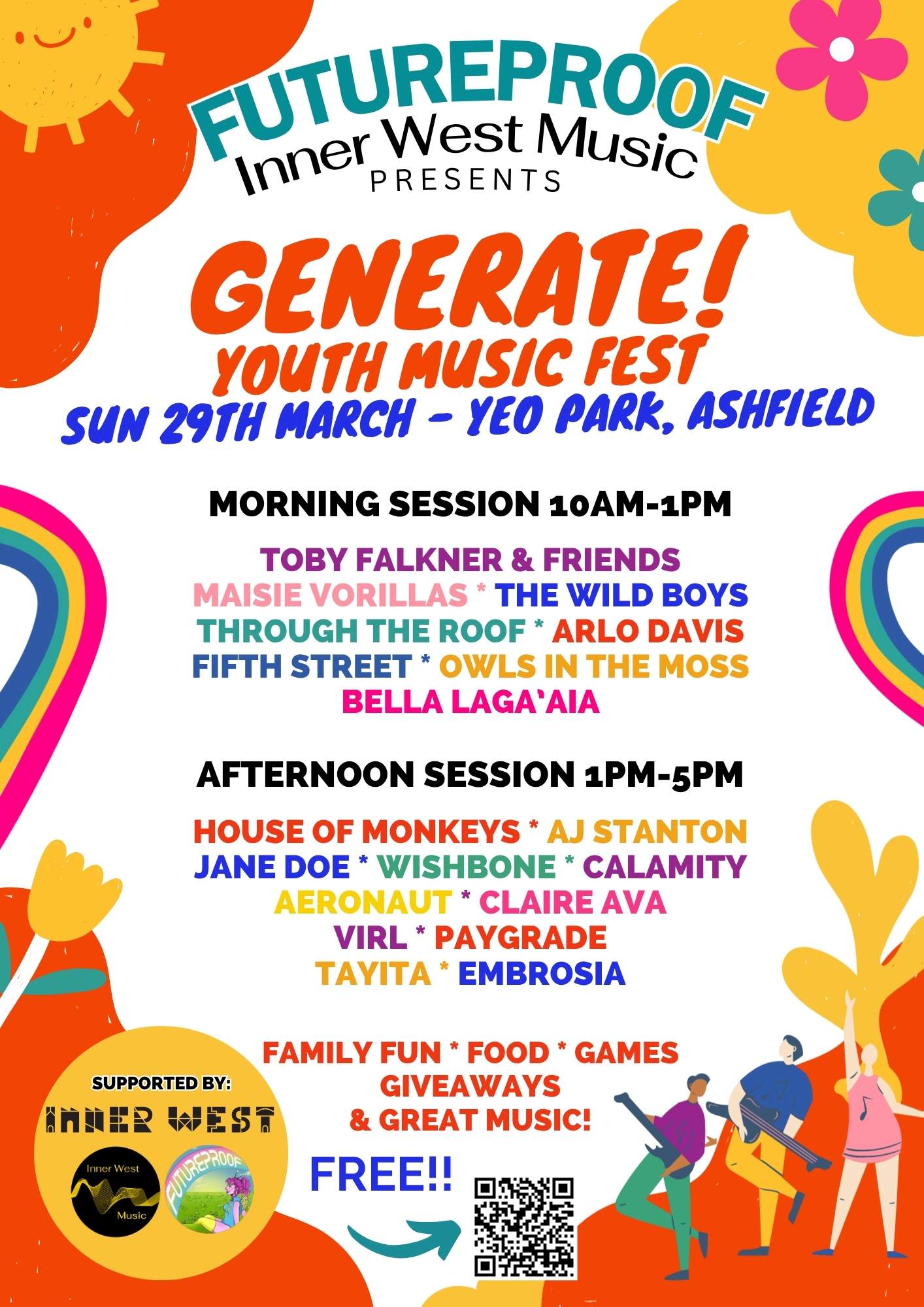 A poster with the lineup of the Generate Youth Music Fest in Yeo Park, Ashfield on 29 March