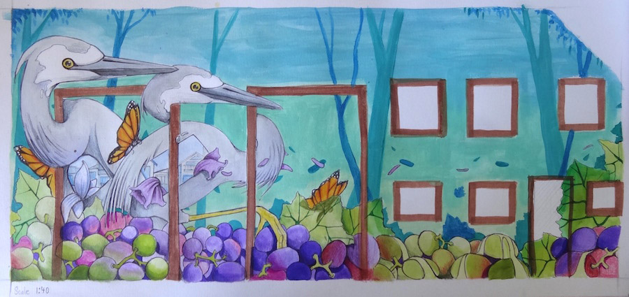 A painting of watercolours featuring two birds, grapes and grape vines in blues and purples and greens with trees in the background.
