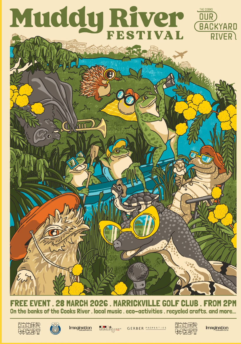 A poster for the Muddy River Festival showing cartoon frogs and other wildlife playing in and around the Cooks River.