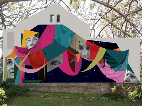 An artists impression of an artwork along the outside wall of a house with a collage of faces poking out from behind multi coloured curtains.