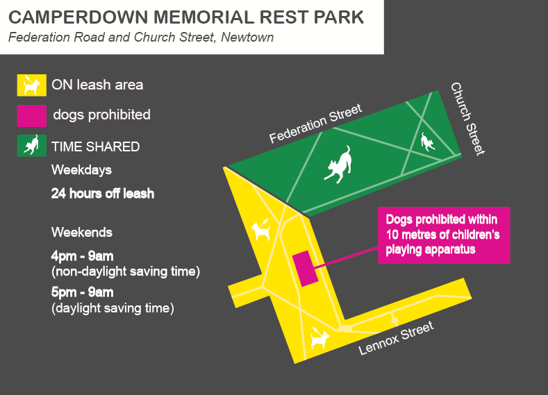 A map of Camperdown Memorial Rest Park off leash dog areas