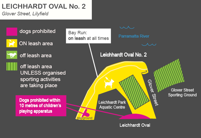 A map of Leichhardt Oval No.2 off leash dog areas