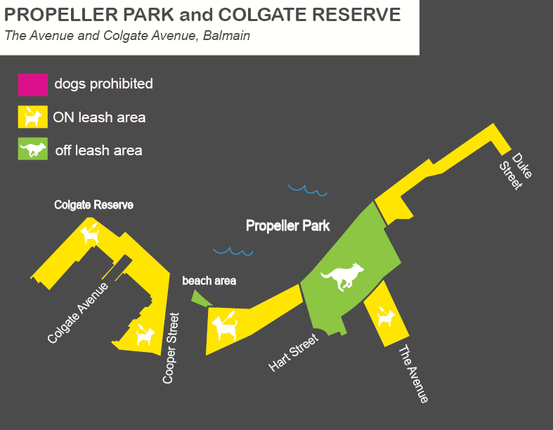 A map of Propeller Park and Colgate reserve of leash dog area
